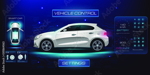 Smart car. Panel with car instrument settings. Testing, analysis, tuning of electronics, sensors. All vehicle parameters on holographic touch screens. Car diagnostics and maintenance. HUD interface