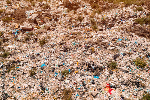 Aerial view of garbage dump landfill from drone pov