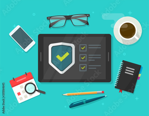 Security verification check list vector digital test, identity fraud spy checklist scan on tablet computer workdesk table desk guard online, internet virus attack web protection, secure safety guard