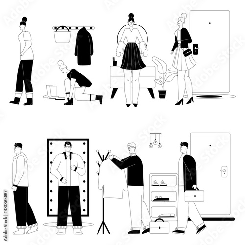 Woman or man getting dressed or undressed in hallway scenes set