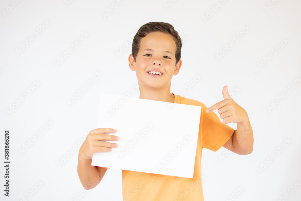 Cute boy with blank sheet of paper for advertising on white background Cute boy with blank sheet of paper for advertising on white background