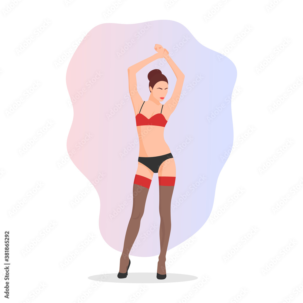 Grafika wektorowa Stock: Sexy woman or girl wearing lingerie clothes.  Female wardrobe. Hot chick icon sign or symbol. Prostitution concept. Bar  stripper. Adult porn star. Porn worker flat vector character illustration. |