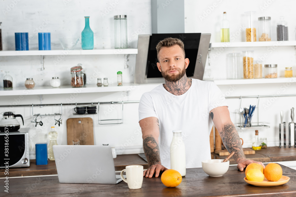 bearded, tattooed blogger in white t-shirt looking at camera near breakfast and laptop in kitchen bearded, tattooed blogger in white t-shirt looking at camera near breakfast and laptop in kitchen