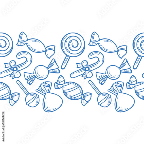 Sweets seamless pattern. Different candies and lollipops hand drawn endless background. Part of set.