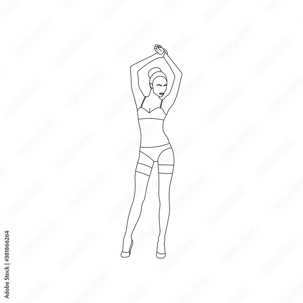 Sexy woman or girl wearing lingerie clothes line art. Female wardrobe. Hot  chick linear icon sign or symbol. Prostitute concept. Bar stripper. Adult  porn star. Porn worker linear vector illustration. Stock Vector |