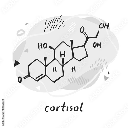 Cortisol formula. Biologically active hormone hand drawn by line on the background of abstract objects and shapes. Symbol for biology, chemistry, naturopathy, medicine. Cartoon vector illustration.