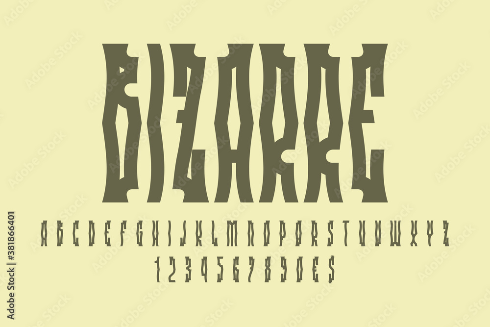 Bizarre artistic display font. Stylish letters, numbers and currency signs. Isolated english alphabet. Vector lettering.
