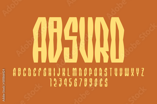 Absurd artistic display font. Modern letters, numbers and currency signs. Isolated english alphabet. Vector lettering.
