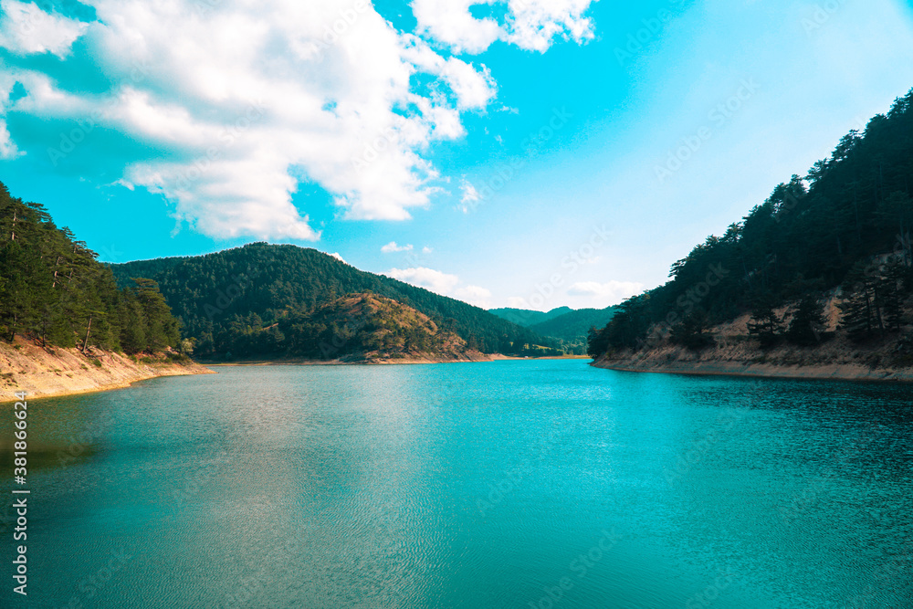 Sunnet Lake, clean green water and blue sky, Mountain Forests, Bolu, Turkey