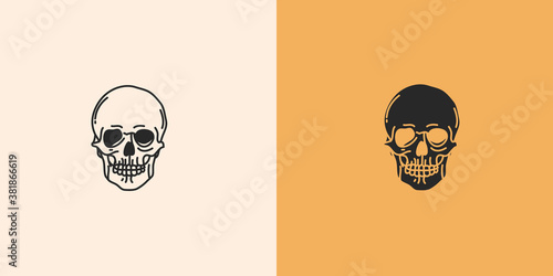 Hand drawn vector abstract stock flat graphic illustration with logo elements set,skull outline art and silhouette,magic art in simple style for branding,isolated on color background