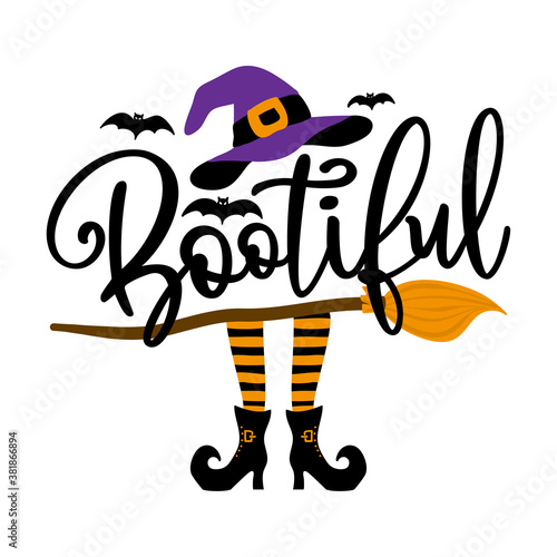 Bootiful (beautiful boo) - Halloween quote on white background with broom, bats and witch hat. Good for t-shirt, mug, scrap booking, gift, printing press. Holiday quotes. Witch's hat, broomstick. photo