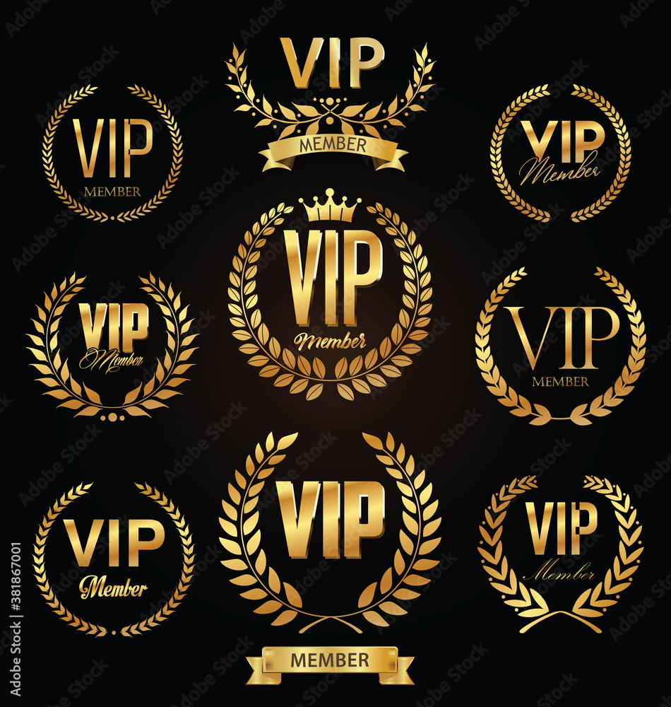 Collection of VIP golden label with laurel wreath luxury template design