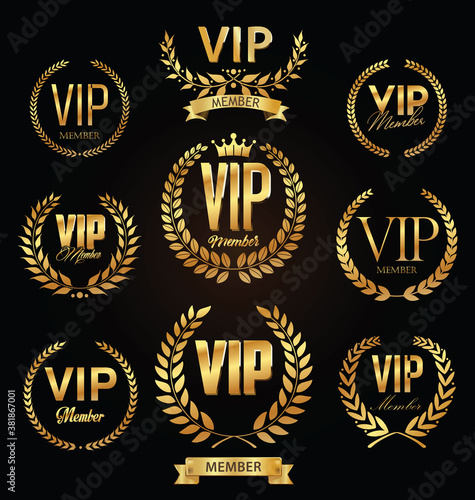 Collection of VIP golden label with laurel wreath luxury template design