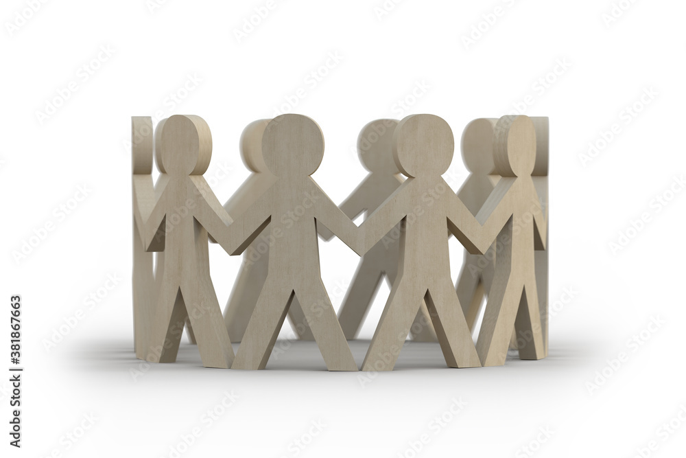 Wooden figures of people in a circle holding hands and standing Wooden figures of people in a circle holding hands and standing