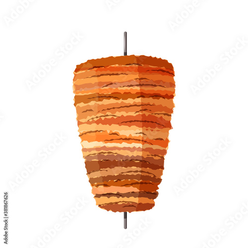 Doner kebab on vertical spit. Arabic and Turkish meat street food. Fried chicken for cafe.