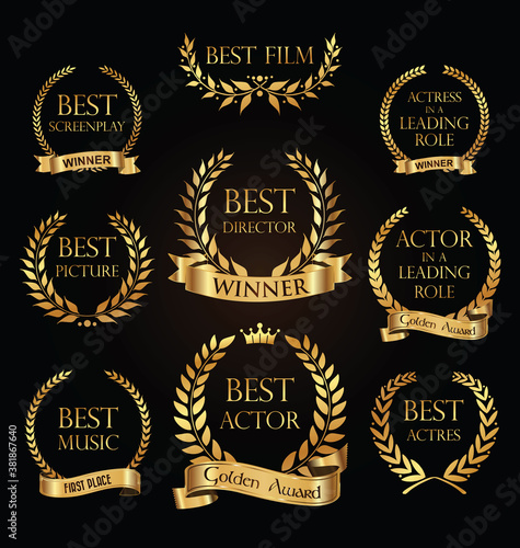 Collection of golden label with laurel wreath film award luxury template design