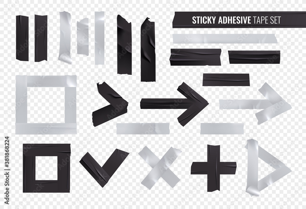 Black Silver Sticky Adhesive Tape Realistic Icon Set Black Silver Sticky Adhesive Tape Realistic Icon Set