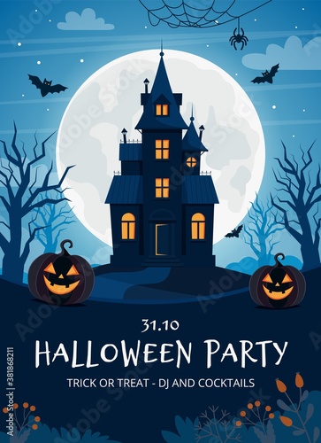 Halloween party flyer template with haunted house and pumpkins
