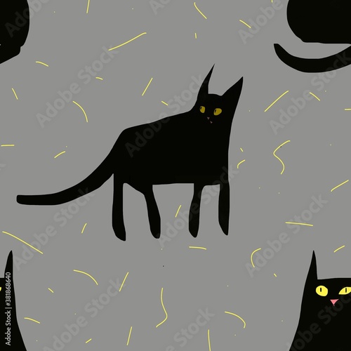 pattern with black cats on a gray background. Illustration 