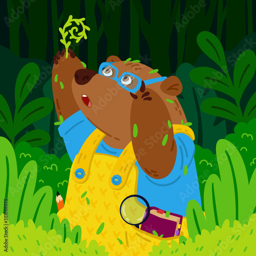 Cute bear botanist in glasses, explores new plants. Gardening grizzly. Animal in the forest. Vector children illustration for kids books and nursery poster.