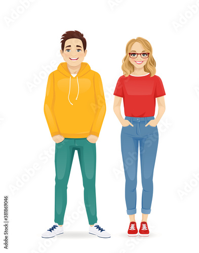 Young people in casual clothes. Smiling couple man and woman isolated vector illustartion