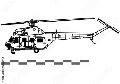 Mil Mi-2 Hoplite. Vector drawing of military transport helicopter. Side view. Image for illustration and infographics. 