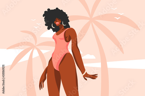 Hand drawn vector abstract stock flat graphic illustration with young ,happy black afro american beauty woman in swimsuit on sundown view scene on the beach isolated on pink pastel background