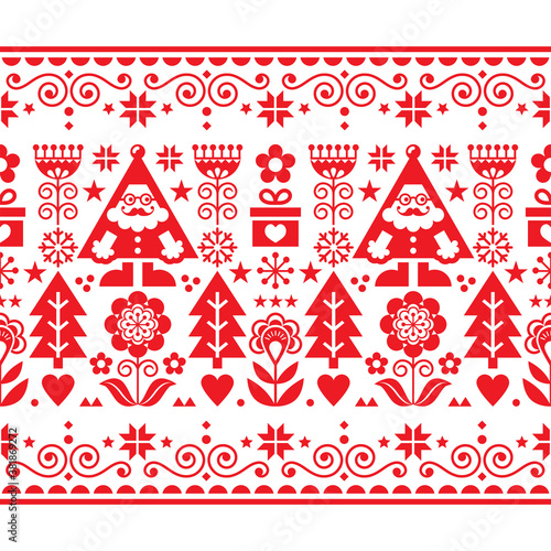 Christmas Santa vector seamless pattern, Scandianvian folk art style festive ornament in red and white
