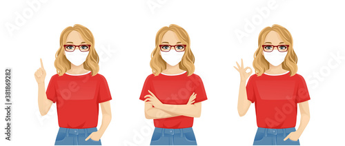 Sad young woman wearing protective mask as protection against transmissible infectious diseases and air pollution. Isolated vector illustration