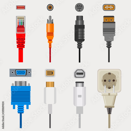 Connection cables and connectors, wiring and audio or video adapters, plugs isolated icons vector. Ethernet network port, HDMI and DVI or RCA. Electric appliance and technology devices linking