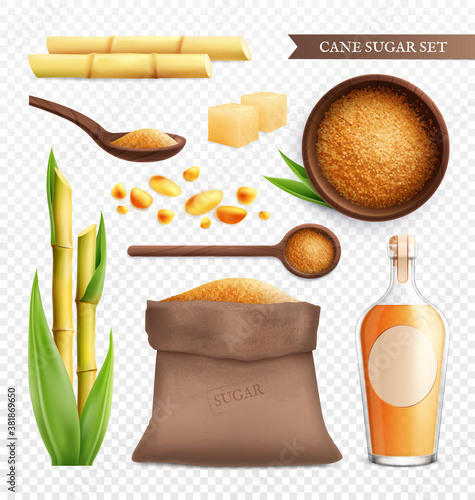 Cane Sugar Realistic Transparent Icon Set