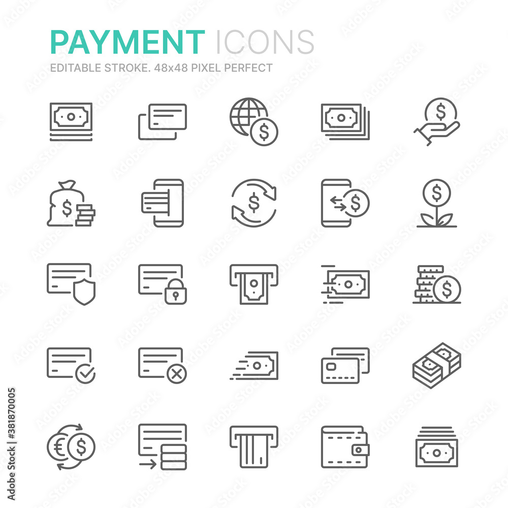 Collection of money and payments related line icons. 48x48 Pixel Perfect. Editable stroke