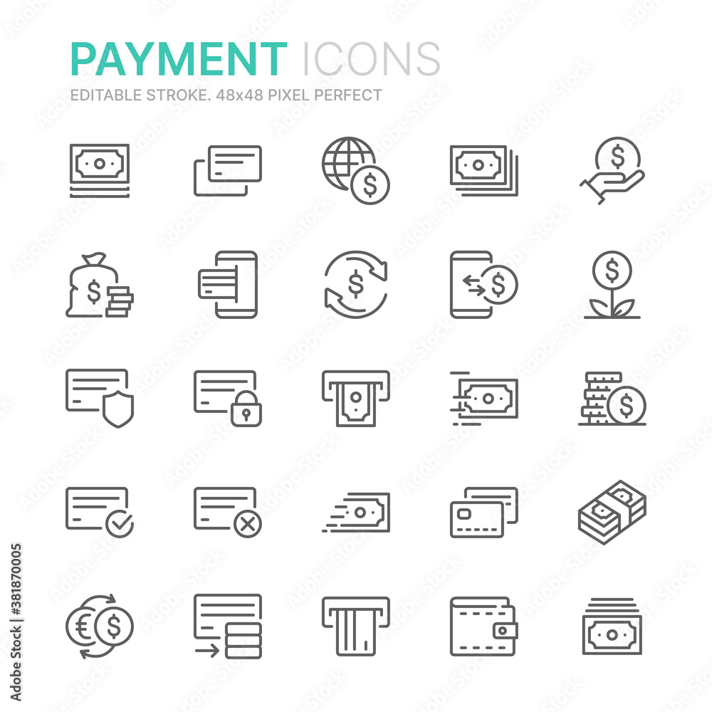Collection of money and payments related line icons. 48x48 Pixel Perfect. Editable stroke Collection of money and payments related line icons. 48x48 Pixel Perfect. Editable stroke