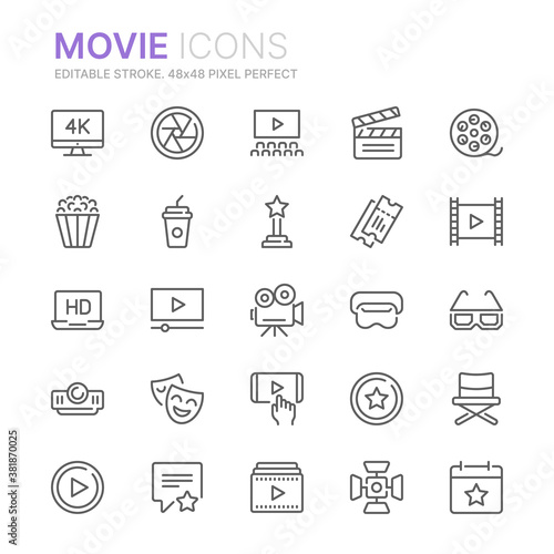 Collection of movies and cinemas related line icons. 48x48 Pixel Perfect. Editable stroke