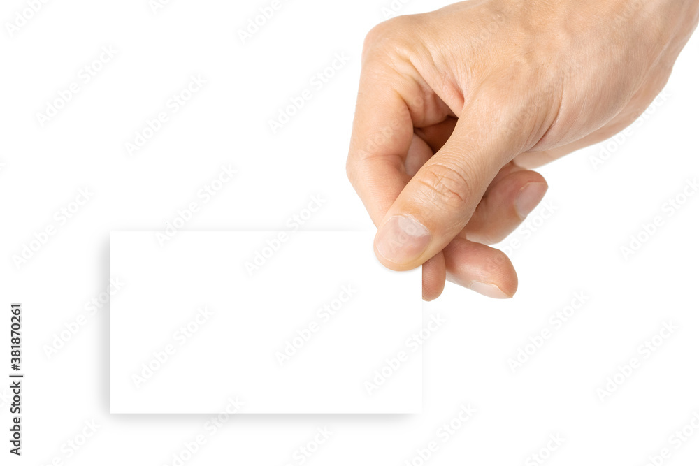 Fototapeta premium Woman hand card. Hand holding blank business paper card isolated on white background. Layout and mockup for design, place for text, copy space.