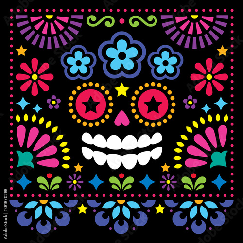 Mexican folk art vector folk art design with sugar skull and flowers, colorful Halloween and Day of the Dead greeting card on black
  
