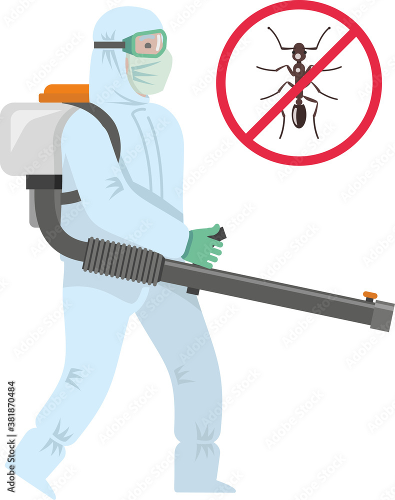 The disinfector carries out treatment against ants. A brown wild ant with a red circle crossed out. Pest Control Sign: No Ants, Stop Ants. Flat infographics. Vector illustration..