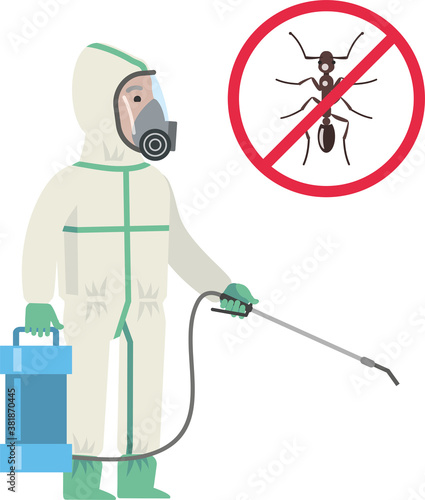 The disinfector carries out treatment against ants. A brown wild ant with a red circle crossed out. Pest Control Sign: No Ants, Stop Ants. Flat infographics. Vector illustration..