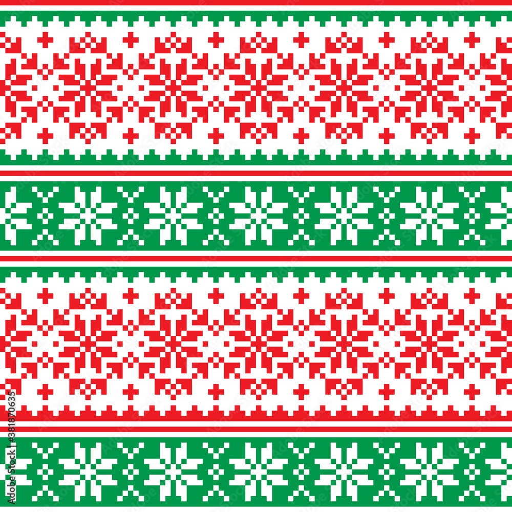 Christmas vector seamless pattern in red and green - Scandinavian knnitting, cross-stitch design with snowflakes
Christmas vector seamless pattern in red and green - Scandinavian knnitting, cross-stitch design with snowflakes