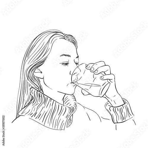 Drawing of young woman drinking clear water. Caucasian female long blond hair wearing warm sweater with collar, holding transparent glass in hand. Vector sketch Hand drawn linear illustration isolated