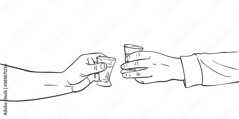 Two hands clinking shot glasses with alcohol drink, Vector sketch Hand