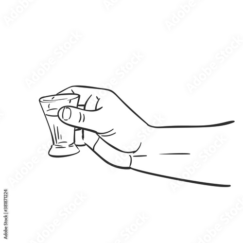 Hand holding shot glass with alcohol drink, Vector sketch Hand drawn illustration isolated black and white