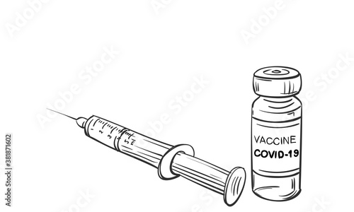 Coronavirus Vaccine syringe vector drawing. Hand drawn drug ampoule and syringe injection isolated. Fight against coronavirus. Vaccination, immunization, treatment from Covid-19, nCoV 2019