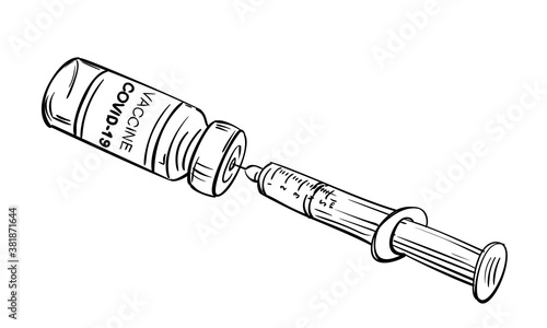 Coronavirus vaccine bottle, taking vaccine from vial with syringe vector drawing. Phial with vaccine against Covid 19. Healthcare and medical concept Closeup hand drawn Isolated on white background