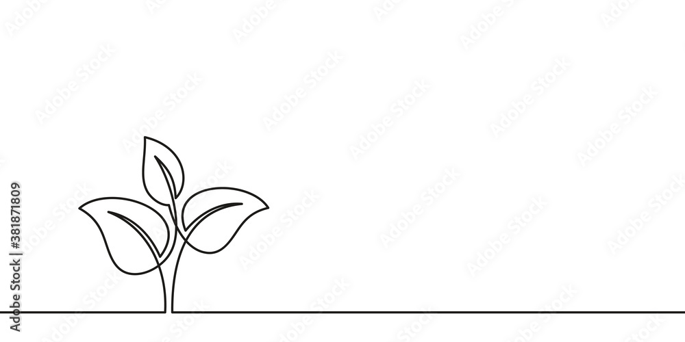 Fototapeta Continuous line drawing of growing sprout, Plant leaves grow seedling eco natural farm concept design. Minimalist contour vector illustration made of single thin line black and white