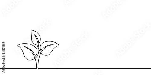 Continuous line drawing of growing sprout, Plant leaves grow seedling eco natural farm concept design. Minimalist contour vector illustration made of single thin line black and white