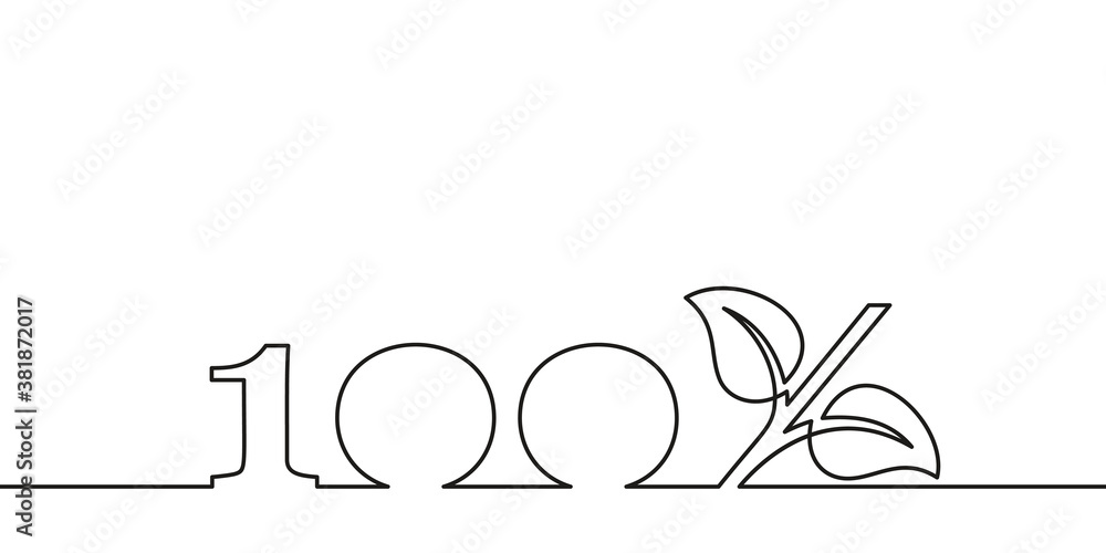 Continuous line drawing 100% with growing sprout instead of percent sign. Leaves grow seedling eco natural farm green energy organic design. Minimalist contour vector single thin line black and white