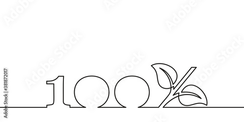 Continuous line drawing 100% with growing sprout instead of percent sign. Leaves grow seedling eco natural farm green energy organic design. Minimalist contour vector single thin line black and white