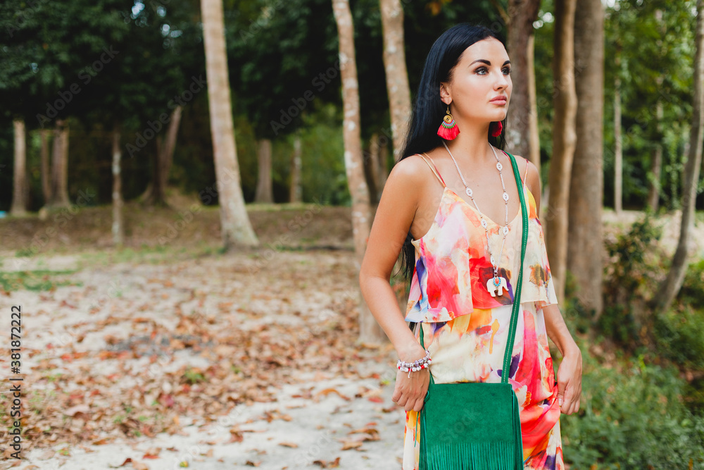 young sexy beautiful woman in colorful dress, summer hippie style, tropical  vacation, tanned legs, sandals, green handbag with fringe, accessories,  smiling, happy Photos | Adobe Stock