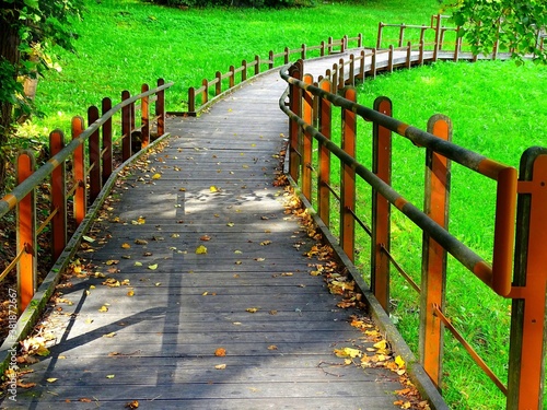 wooden path in the park in the form of a wheelchair ramp